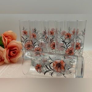 Vintage Pasabahce Coral and Black glass tumblers set 6 mid century